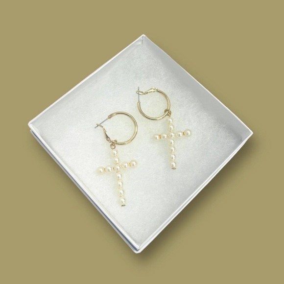 Unbranded Jewelry - Gold Toned Hoops Faux Pearl Cross Earrings Dangling Cross Crucifix Bridal